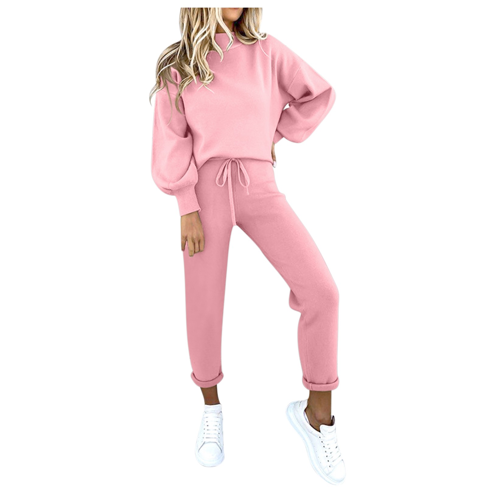 thumbnail image 2 of Conjunto de blusa informal de cuello redondo y pantalones con bolsillos para mujer, poliéster, tallas múltiples, 2 of 8
